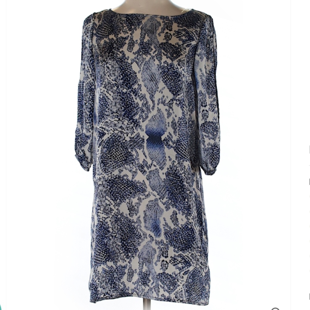 NWOT Fab’rik Animal Print White Blue 3/4 Sleeve Satin Boat Neck Size S Dress